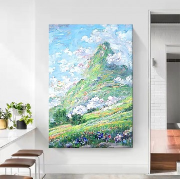 風景 Painting - 緑の山の白い雲